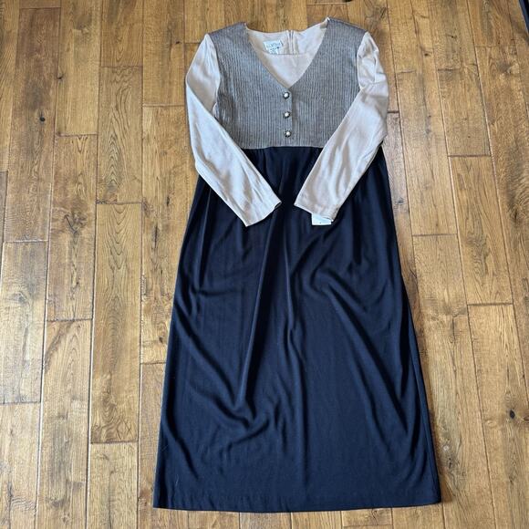 K.C. Spencer Dress Womens 16 Black Beige Long Sleeve Button Detail Maxi Made USA - Picture 2 of 5